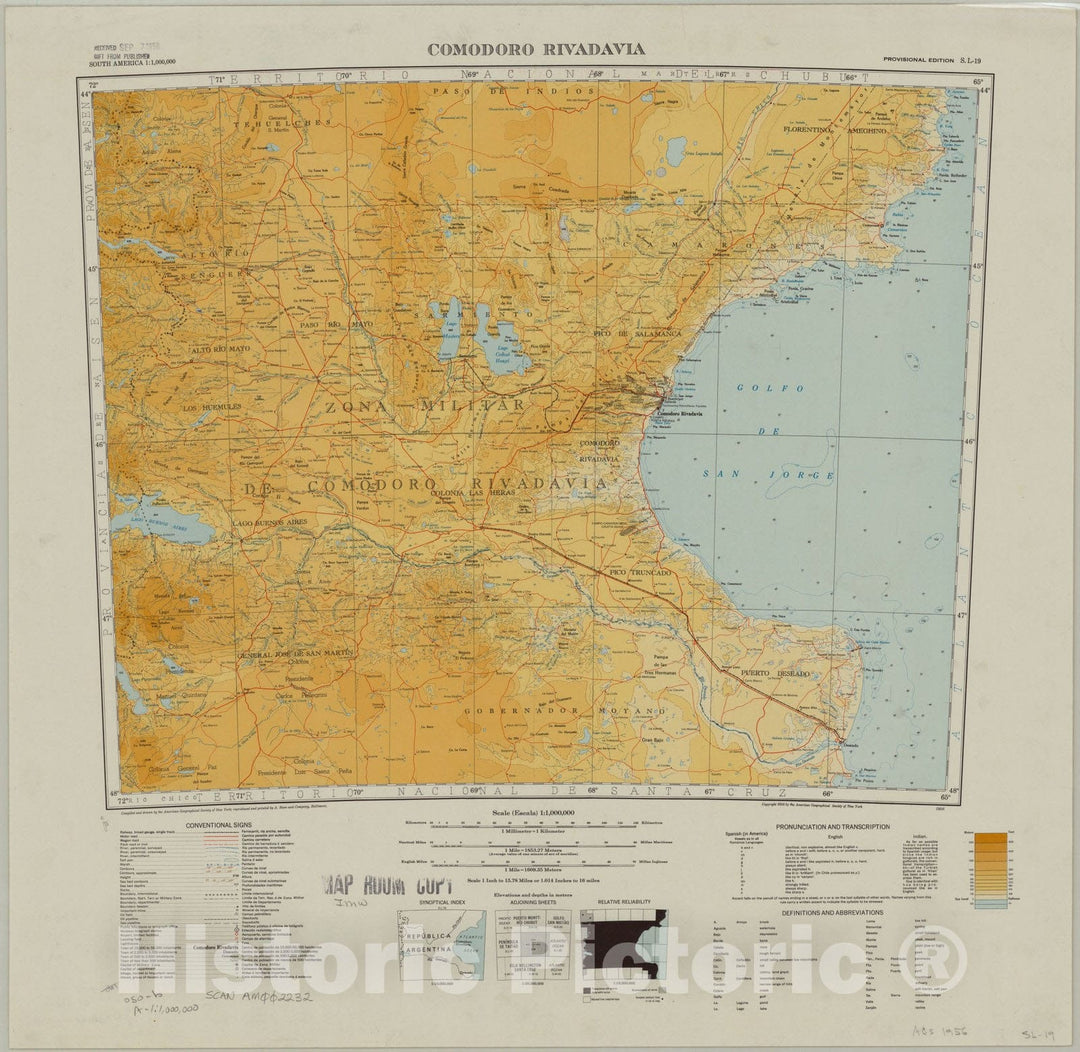 Map : Comodoro Rivadavia 1956, South America 1:1,000,000 Comodoro Rivadavia S.L. 19 , Antique Vintage Reproduction