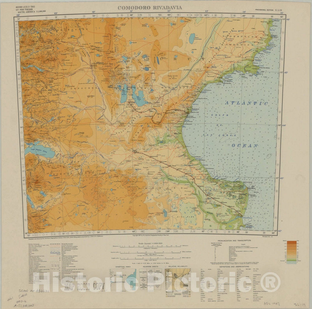 Map : Comodoro Rivadavia 1947, South America 1:1,000,000 Comodoro Rivadavia S.L. 19 , Antique Vintage Reproduction