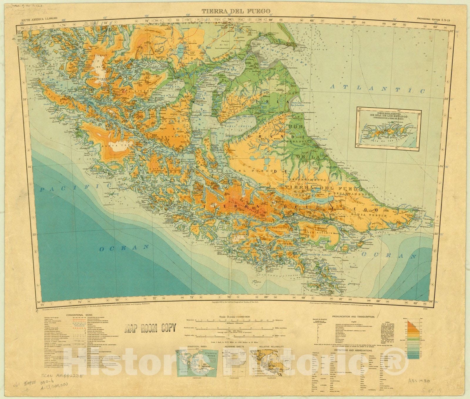 Map : Tierra del Fuego 1930, South America 1:1,000,000 Tierra del Fuego S.N. 19 , Antique Vintage Reproduction