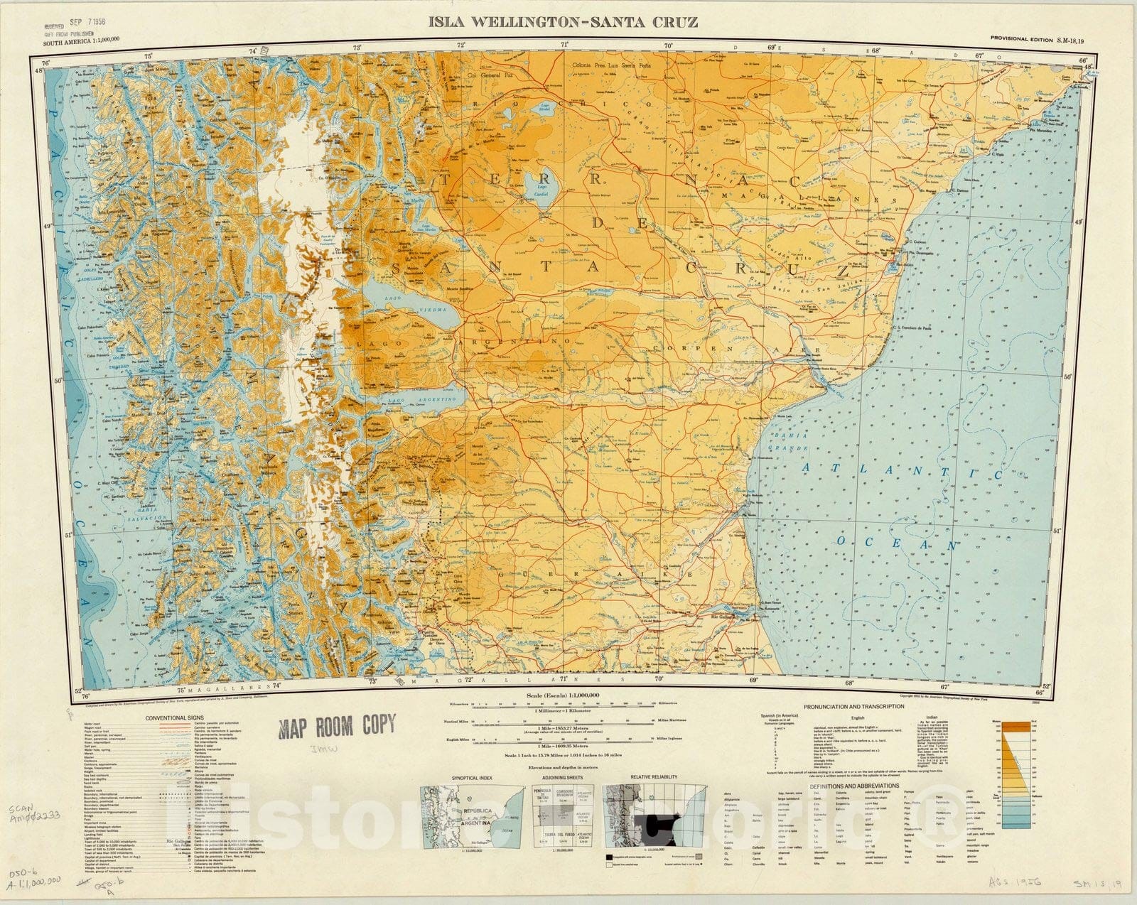 Map : Isla Wellington-Santa Cruz 1956, South America 1:1,000,000 Isla Wellington-Santa Cruz S.M. 18,19 , Antique Vintage Reproduction