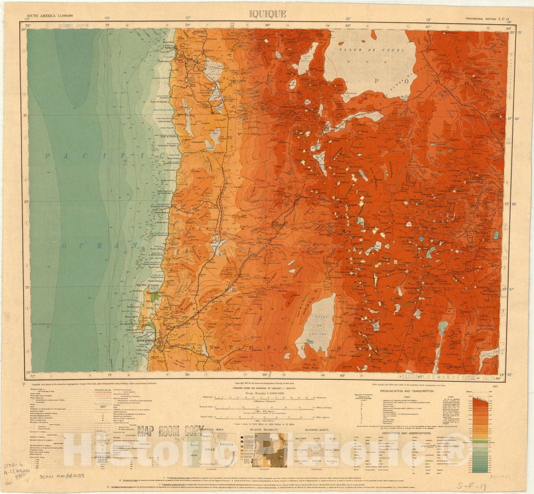 Map : Iquique, Chile 1927, South America 1:1,000,000 Iquique S.F. 19 , Antique Vintage Reproduction