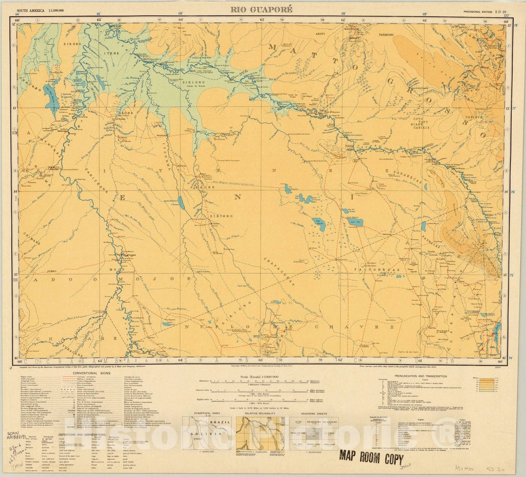 Map : Rio Guapore 1930, South America 1:1,000,000 Rio Guapore S.D. 20 , Antique Vintage Reproduction