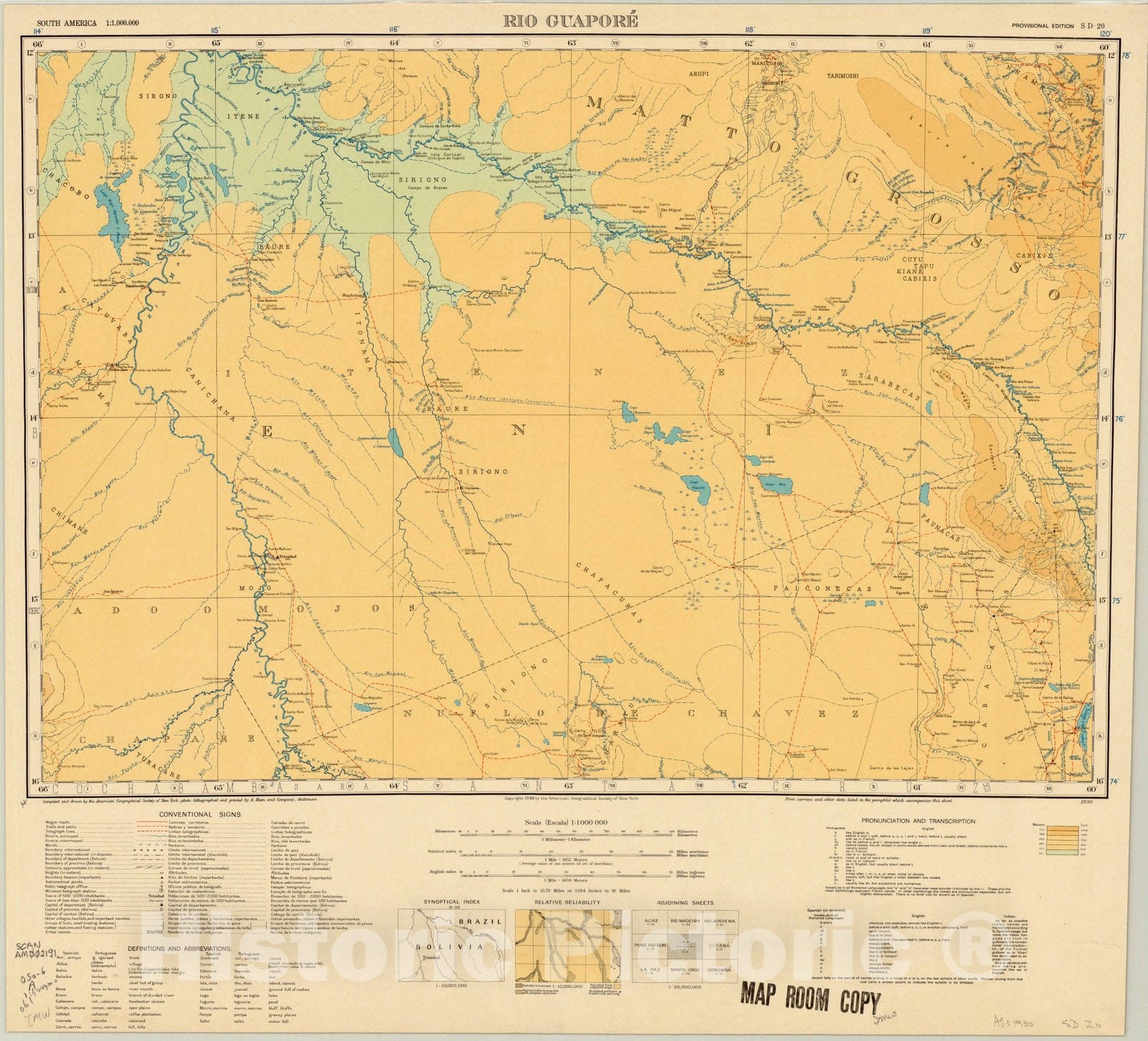 Map : Rio Guapore 1930, South America 1:1,000,000 Rio Guapore S.D. 20 , Antique Vintage Reproduction