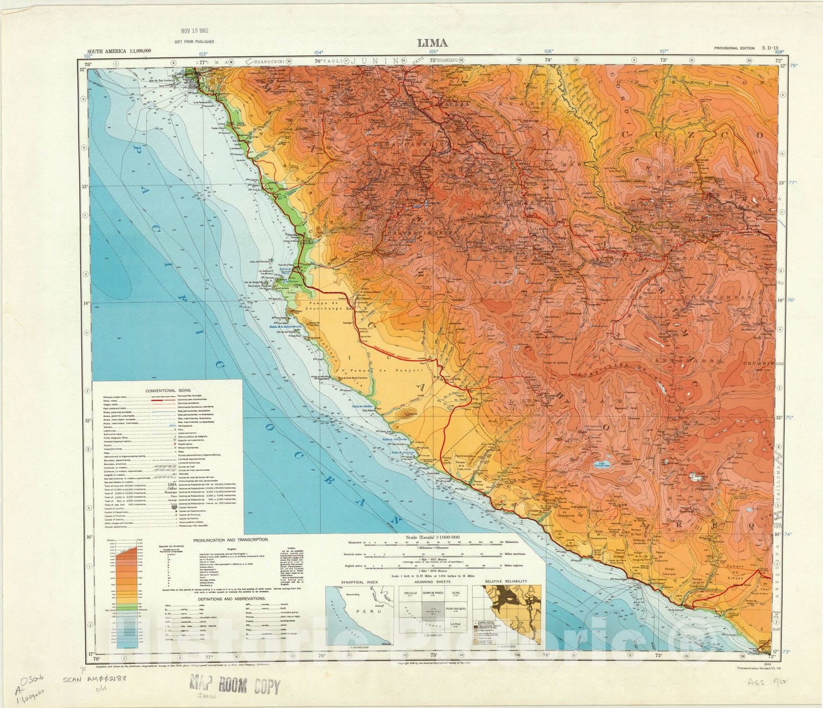 Map : Lima 1962, South America 1:1,000,000 Lima S.D. 18 , Antique Vintage Reproduction