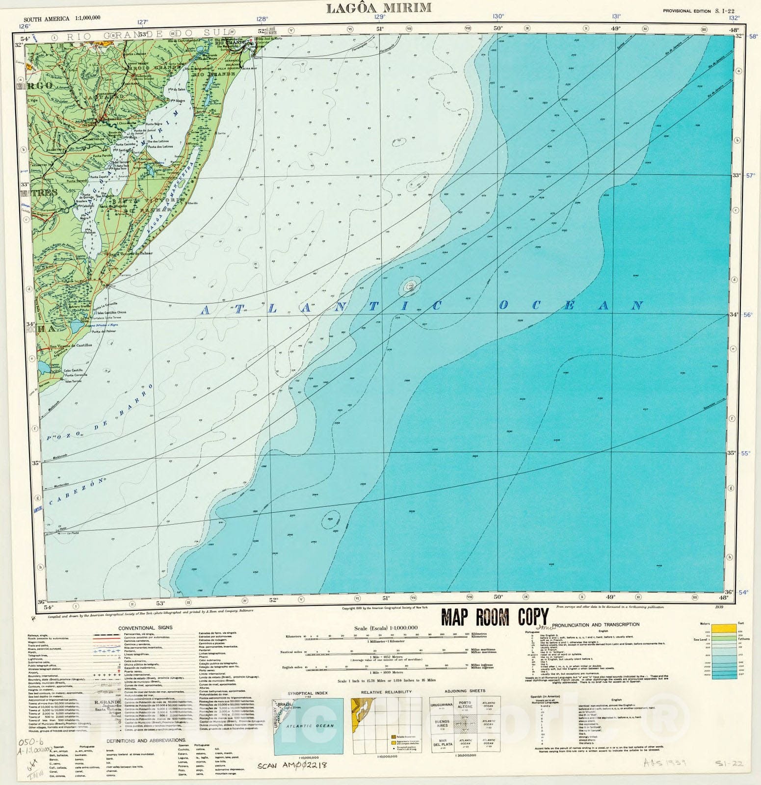 Map : Lagoa Mirim 1939, South America 1:1,000,000 Lagoa Mirim S.I. 22 , Antique Vintage Reproduction