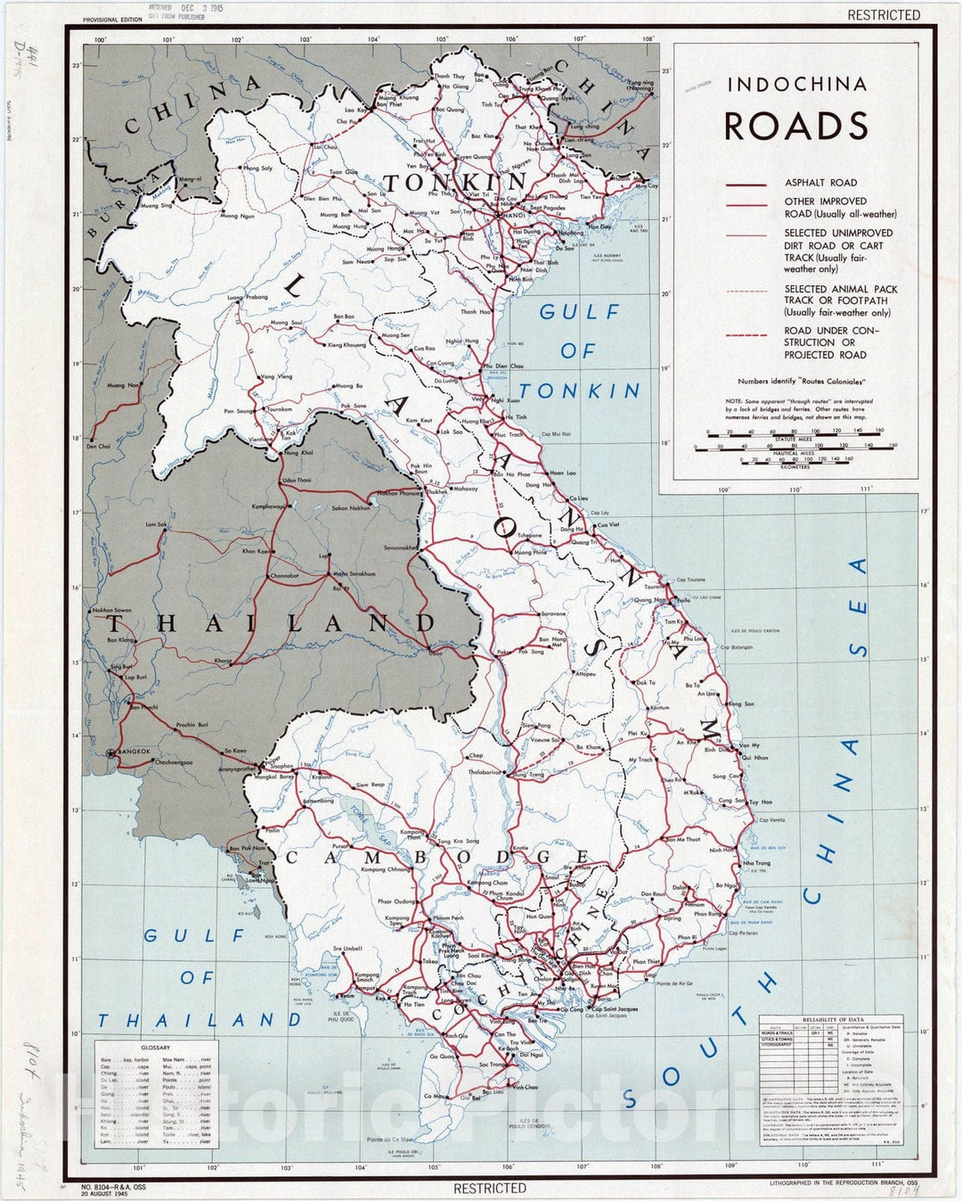 Map : Indochina 1945, Indochina roads, Antique Vintage Reproduction