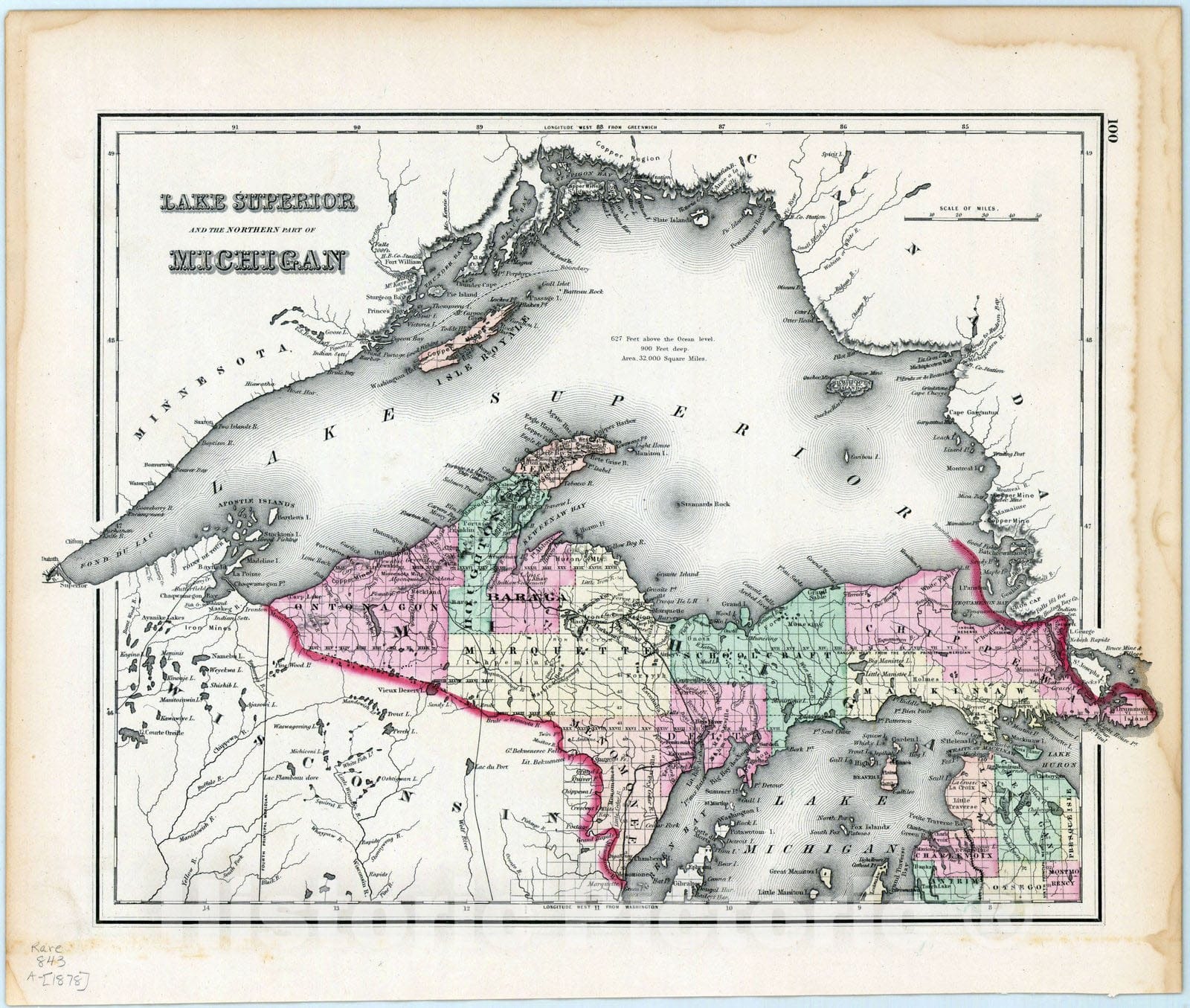 Map : Lake Superior 1878, Lake Superior and the northern part of Michigan, Antique Vintage Reproduction