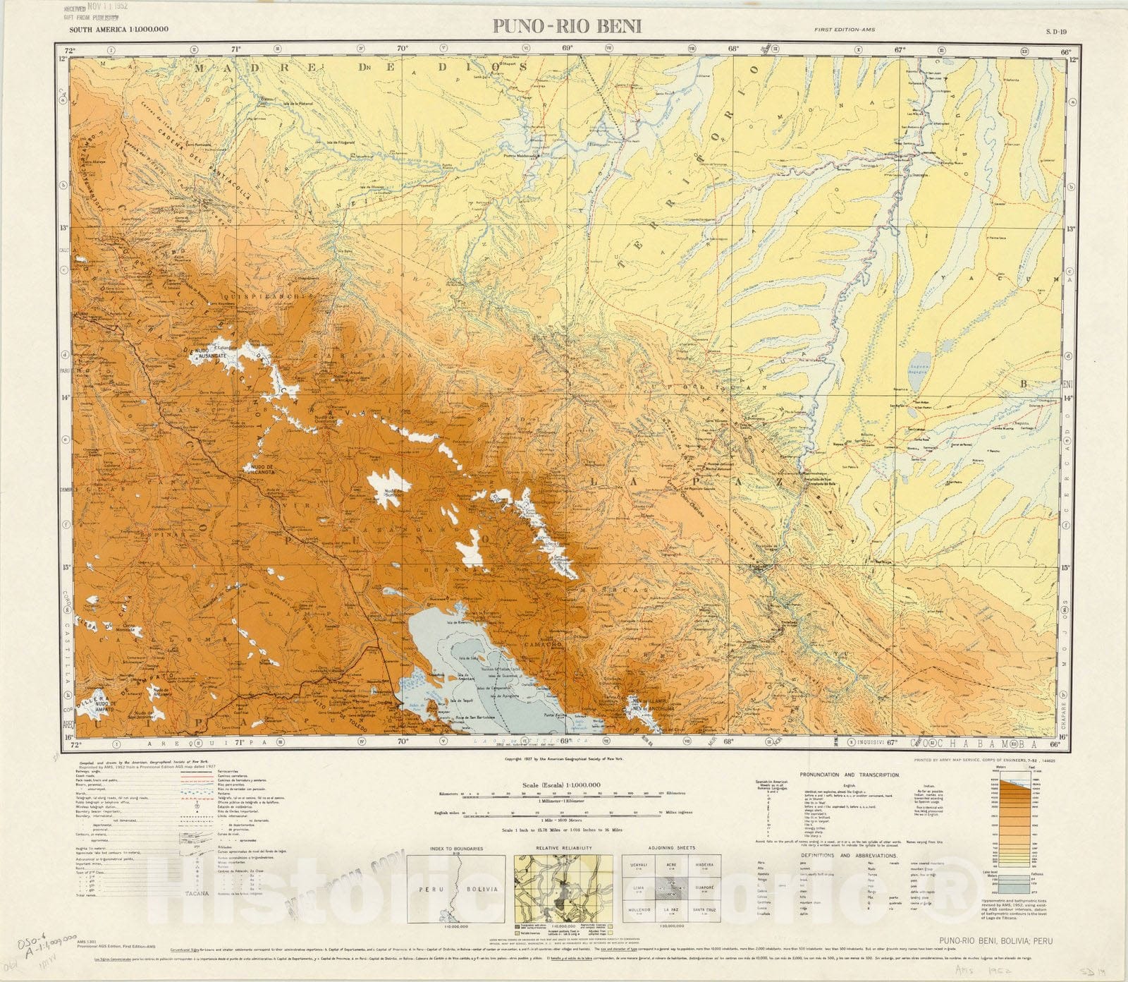 Map : Puno Rio Beni 1952, South America 1:1,000,000 Puno - Rio Beni S.D. 19 , Antique Vintage Reproduction