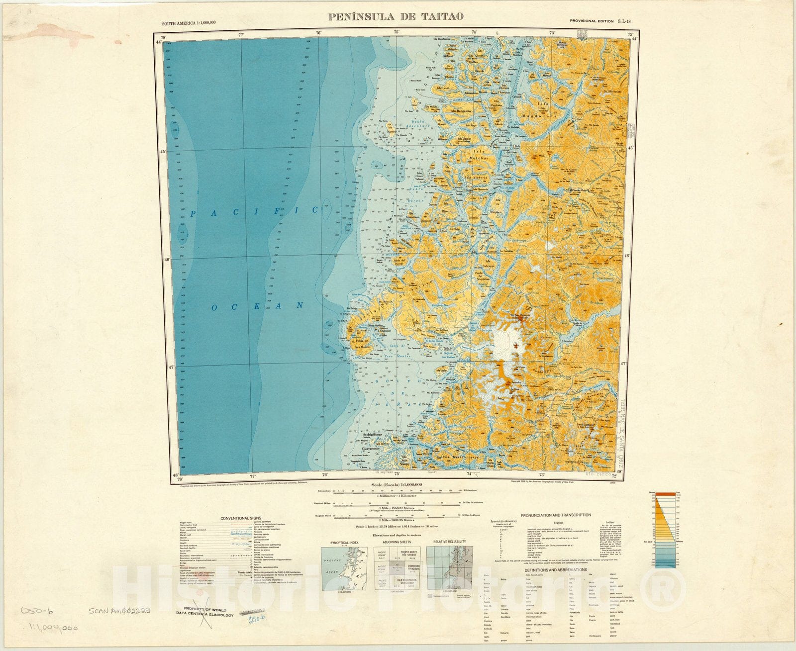 Map : Peninsula de Taitao 1956, South America 1:1,000,000 Peninsula de Taitao S.L. 18 , Antique Vintage Reproduction