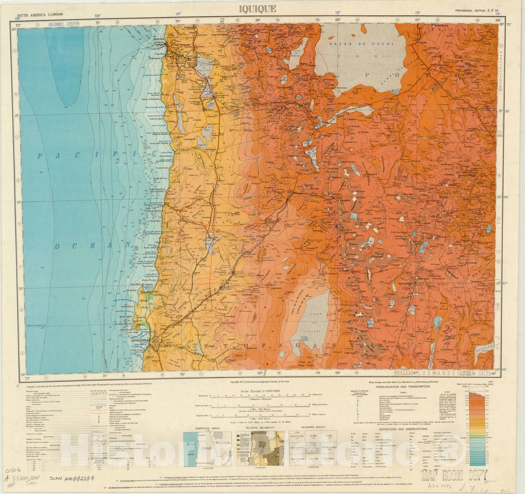 Map : Iquique, Chile 1943, South America 1:1,000,000 Iquique S.F. 19 , Antique Vintage Reproduction