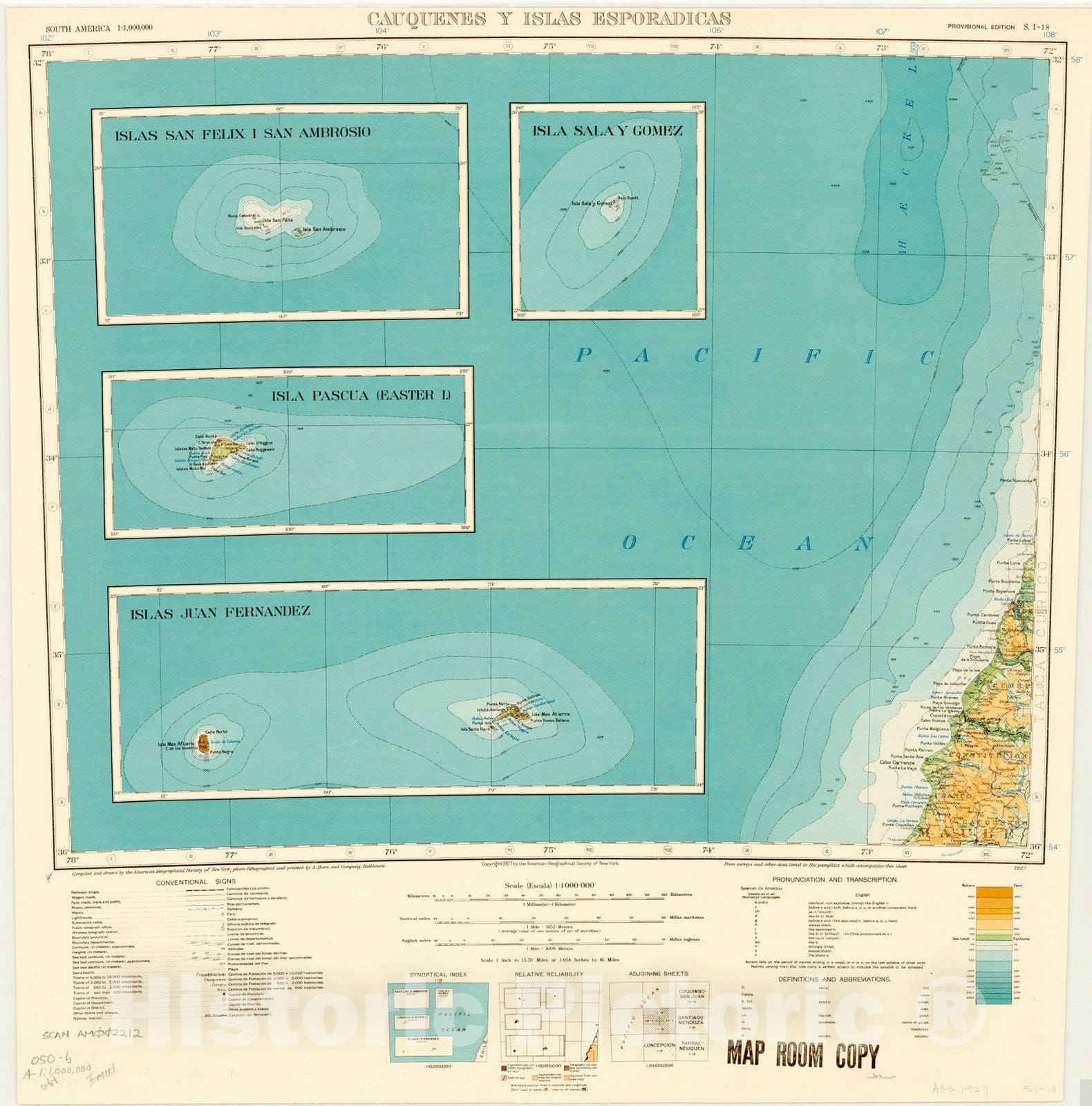 Map : Cauquenes y Islas Esporadicas 1927, South America 1:1,000,000 Cauquenes y Islas Esporadicas S.I. 18 , Antique Vintage Reproduction