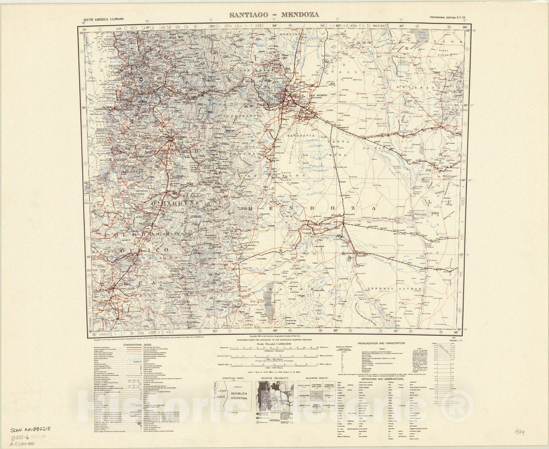 Map : Santiago Mendoza 1949, South America 1:1,000,000 Santiago - Mendoza S.I. 19 , Antique Vintage Reproduction