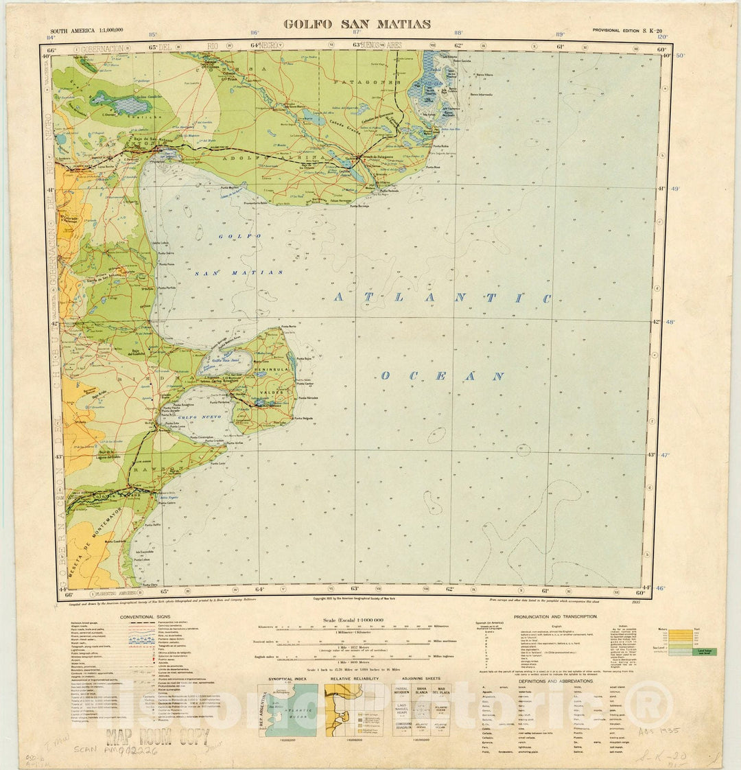 Map : Golfo San Matias 1935, South America 1:1,000,000 Golfo San Matias S.K. 20 , Antique Vintage Reproduction