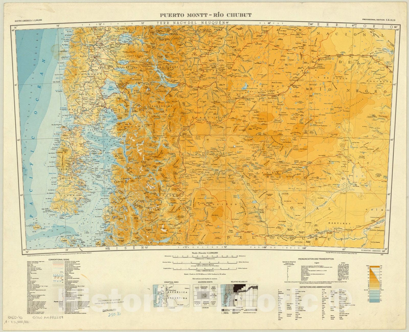 Map : Puerto Montt Rio Chubut 1956, South America 1:1,000,000 Puerto Montt - Rio Chubut S.K. 18,19 , Antique Vintage Reproduction