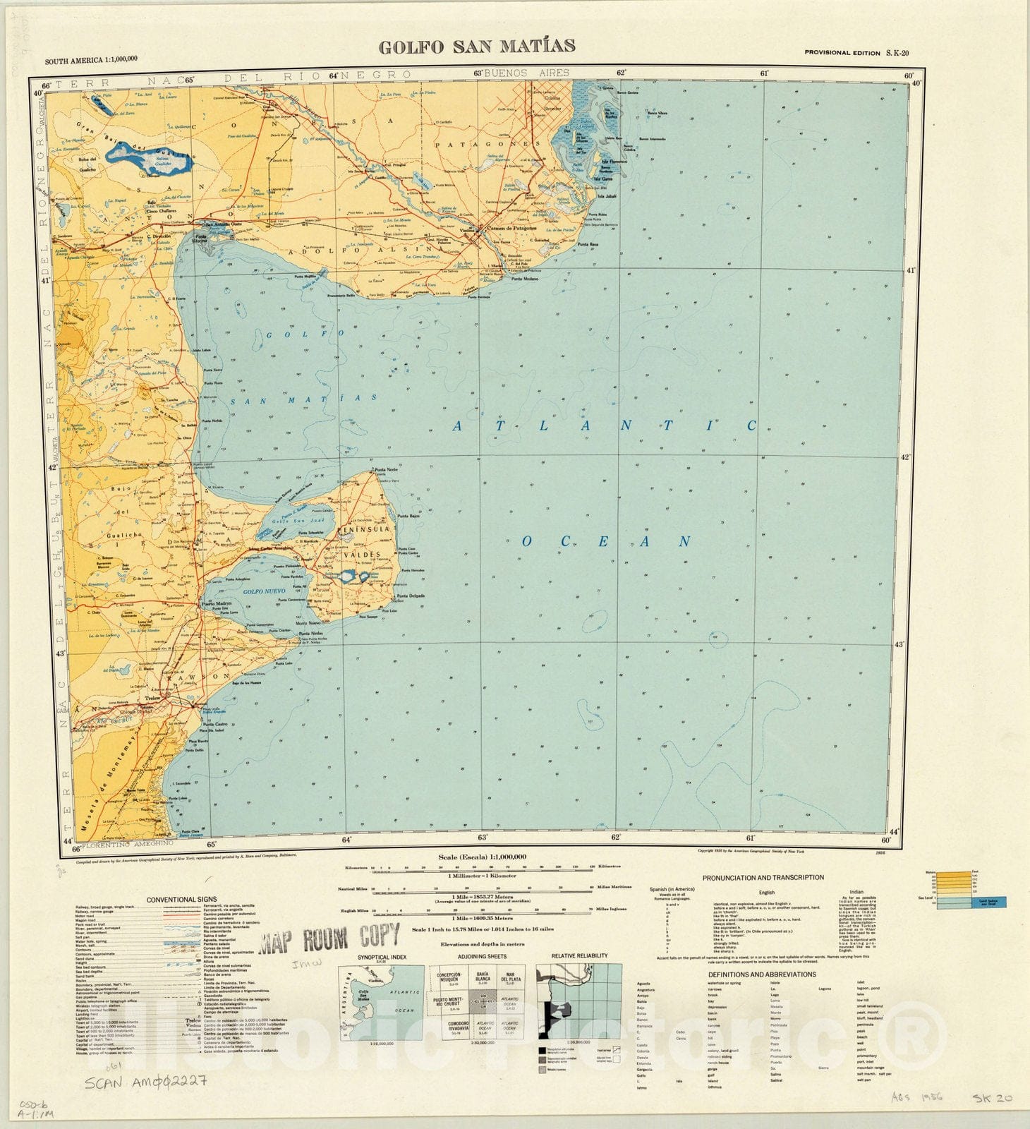 Map : Golfo San Matias 1956, South America 1:1,000,000 Golfo San Matias S.K. 20 , Antique Vintage Reproduction