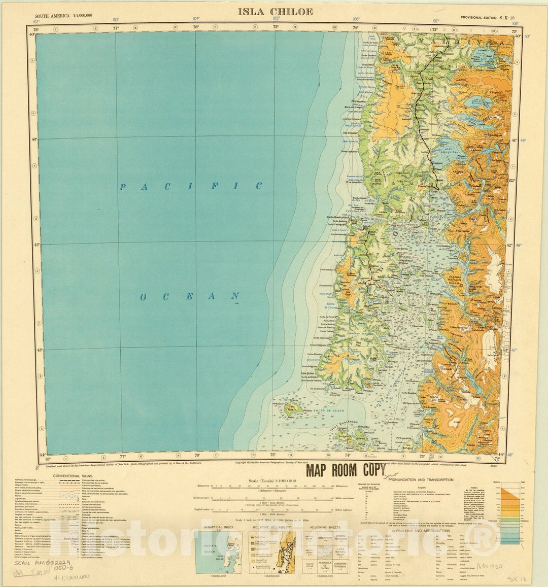 Map : Isla Chiloe, Chile 1930, South America 1:1,000,000 Isla Chiloe S.K. 18 , Antique Vintage Reproduction