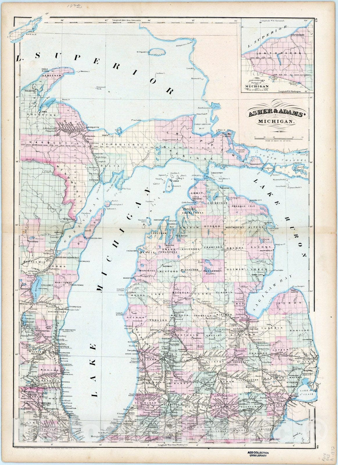 Map : Michigan 1872, Asher & Adams' Michigan, Antique Vintage Reproduction