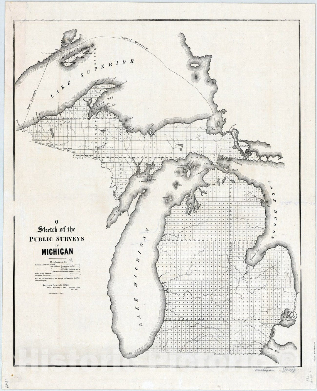 Map : Michigan 1849, Sketch of the public surveys in Michigan , Antique Vintage Reproduction