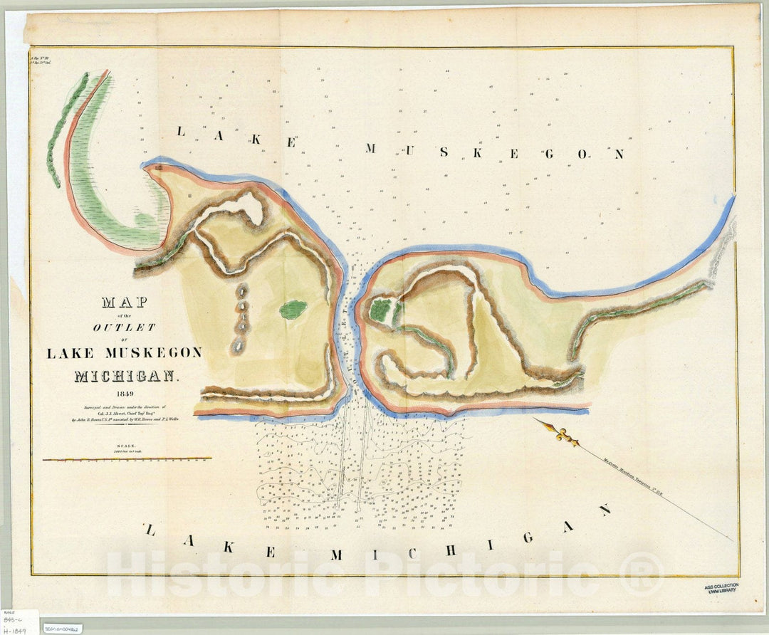 Map : Michigan 1849, Map of the outlet of Lake Muskegon, Michigan , Antique Vintage Reproduction