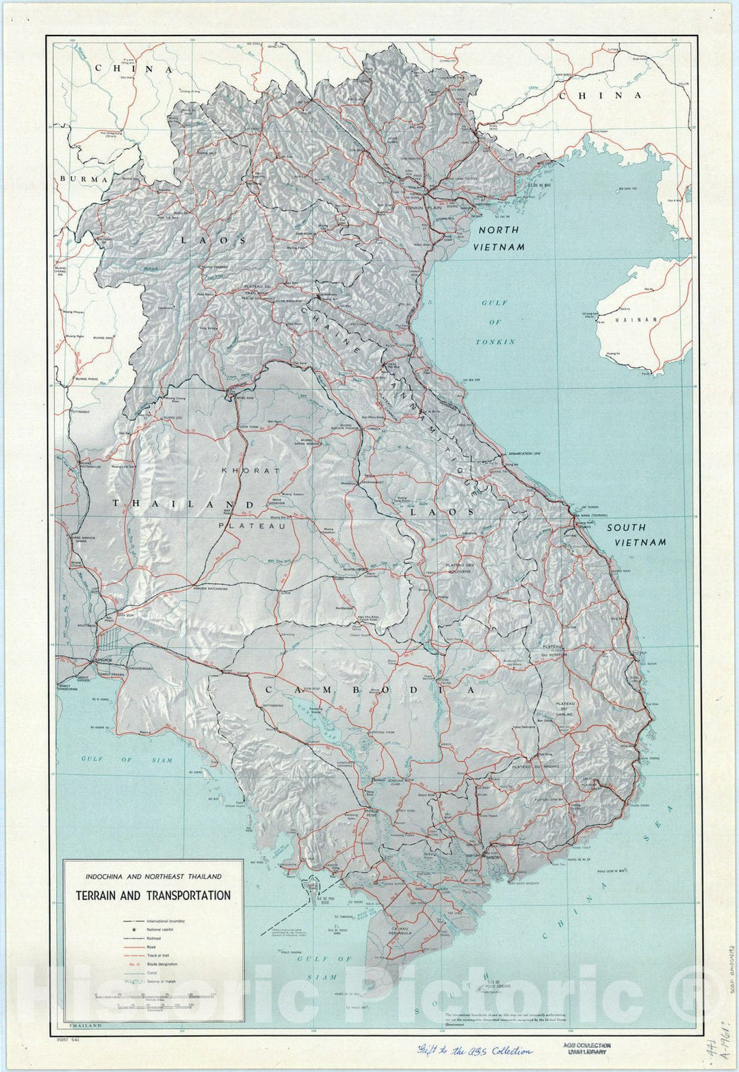 Map : Indochina 1961, Indochina and northeast Thailand, terrain and transportation, Antique Vintage Reproduction