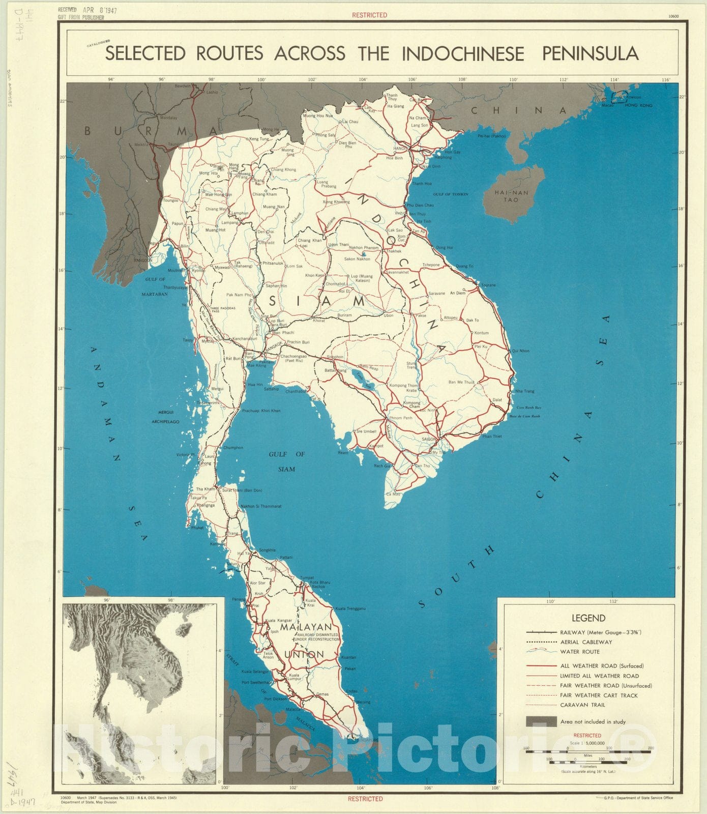 Map : Indochina 1947, Selected routes across the Indochinese peninsula, Antique Vintage Reproduction