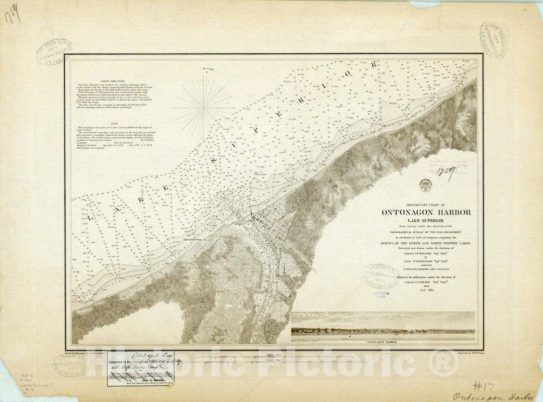 Map : Ontonagon Harbor, Lake Superior 1859, Antique Vintage Reproduction