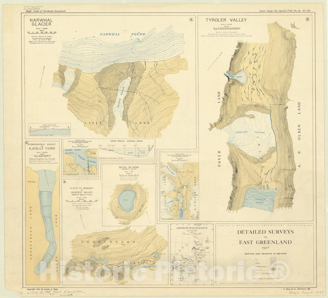 Map : East Greenland 1948, Louise A. Boyd Arctic expeditions - S.S. Veslekari detailed surveys in East Greenland 1937 , Antique Vintage Reproduction