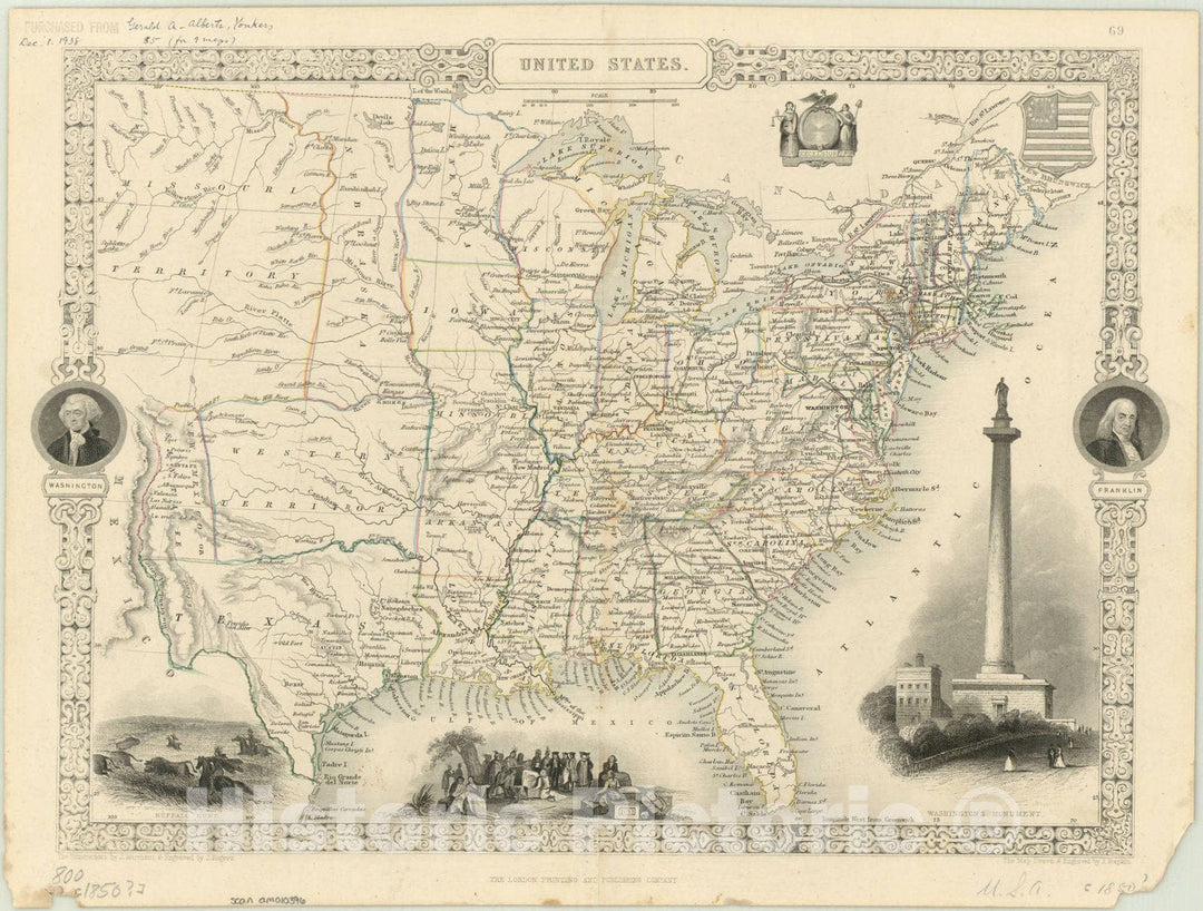 Map : United States 1851, United States , Antique Vintage Reproduction