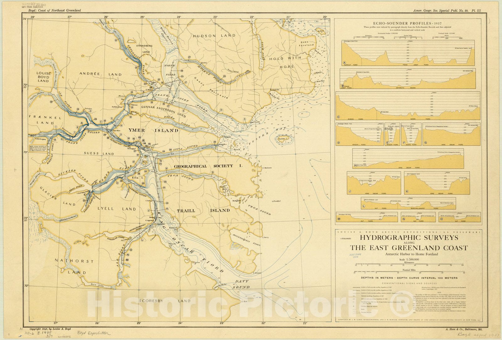 Map : East Greenland 1948, Louise A. Boyd Arctic expeditions - S.S. Veslekari hydrographic surveys along the East Greenland coast : Antarctic Harbor to Home Foreland