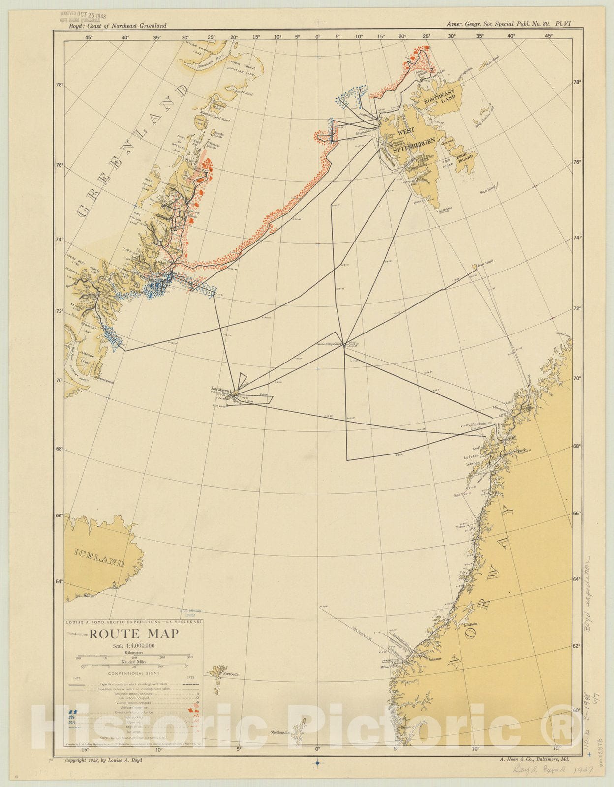 Map : Greenland 1948, Louise A. Boyd Arctic expeditions - S.S. Veslekari route map , Antique Vintage Reproduction