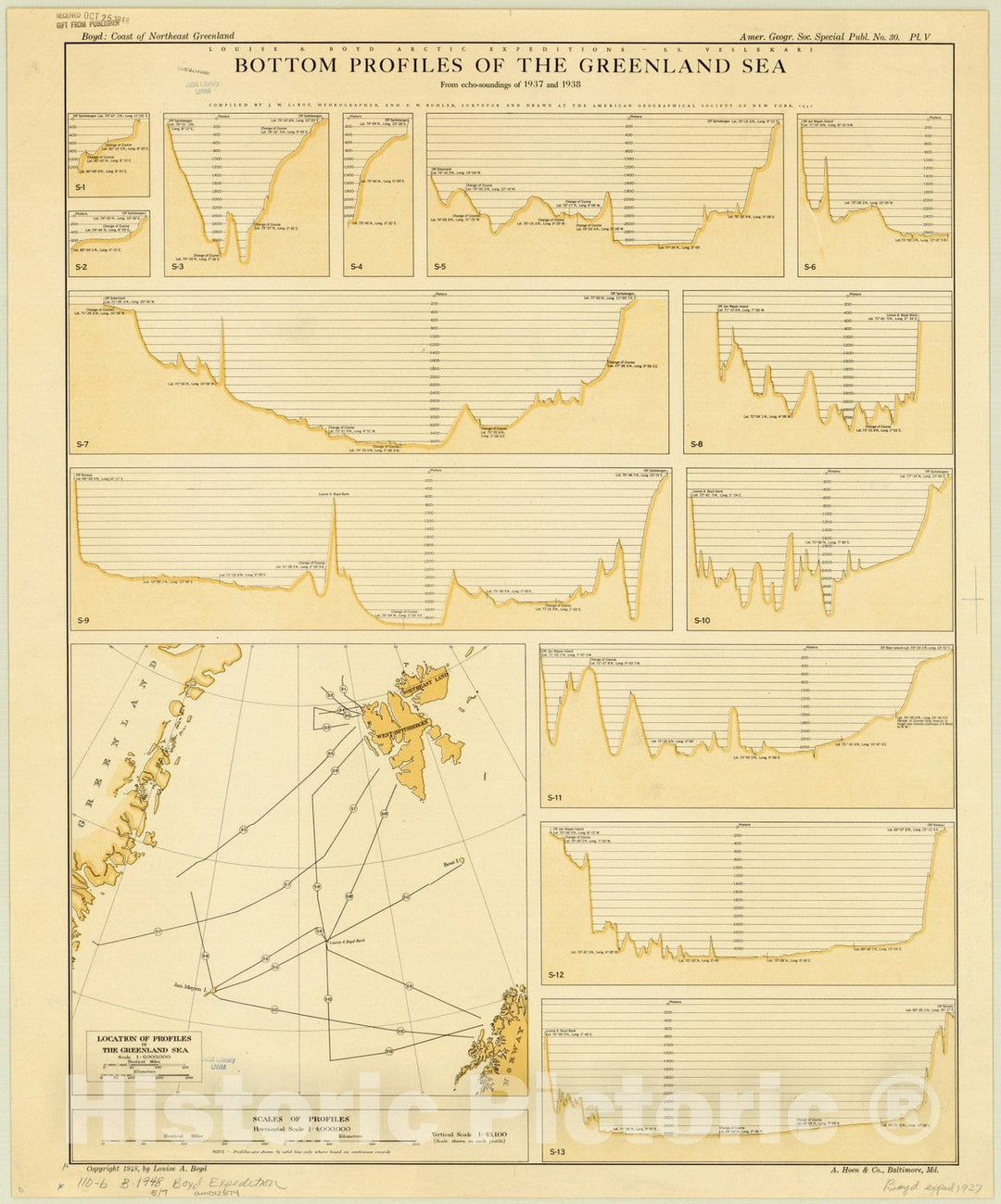 Map : Greenland 1948, Boyd Arctic expeditions - S.S. Veslekari bottom profiles of the Greenland Sea from echo-soundings of 1937 and 1938 , Antique Vintage Reproduction