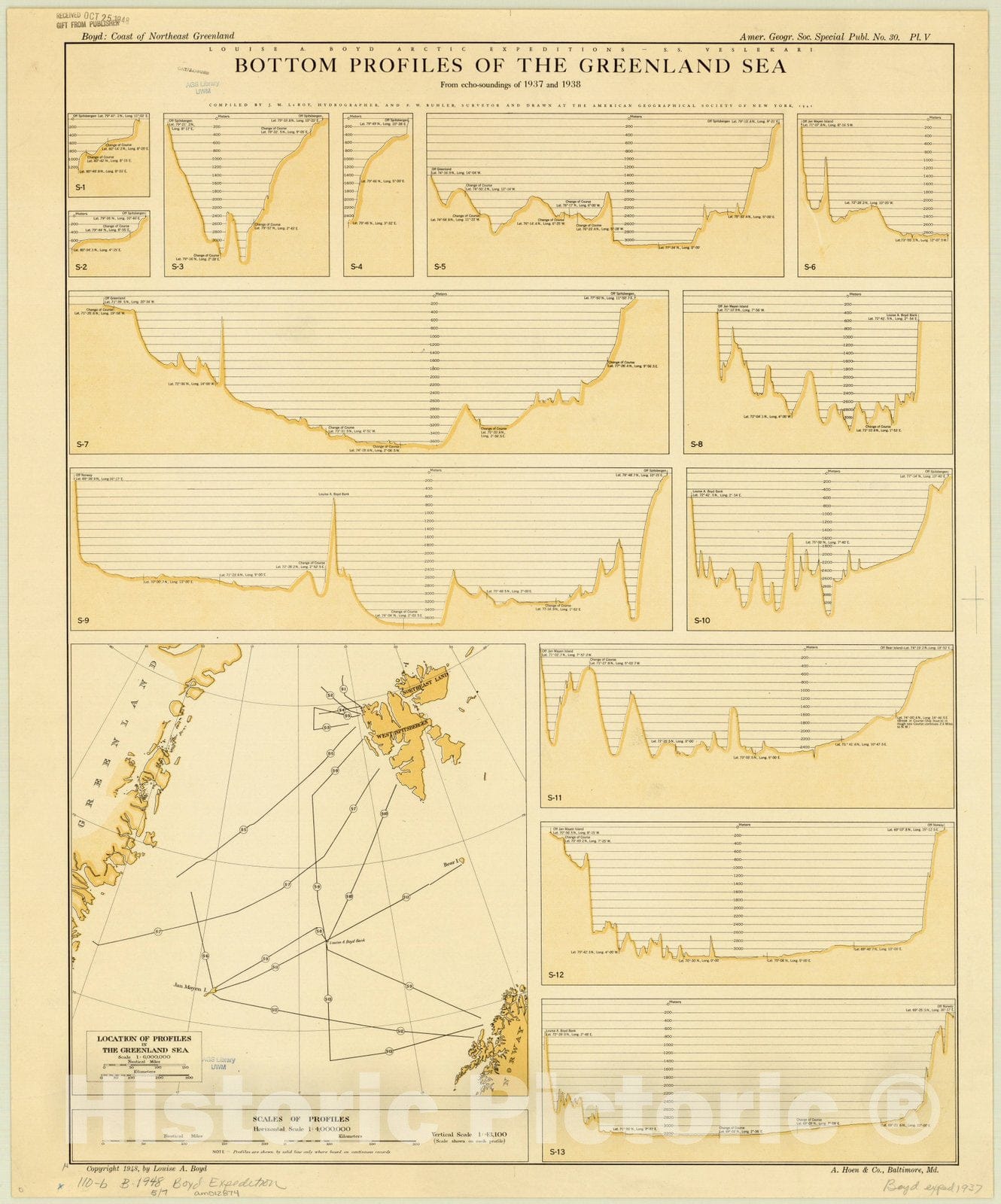 Map : Greenland 1948, Boyd Arctic expeditions - S.S. Veslekari bottom profiles of the Greenland Sea from echo-soundings of 1937 and 1938 , Antique Vintage Reproduction