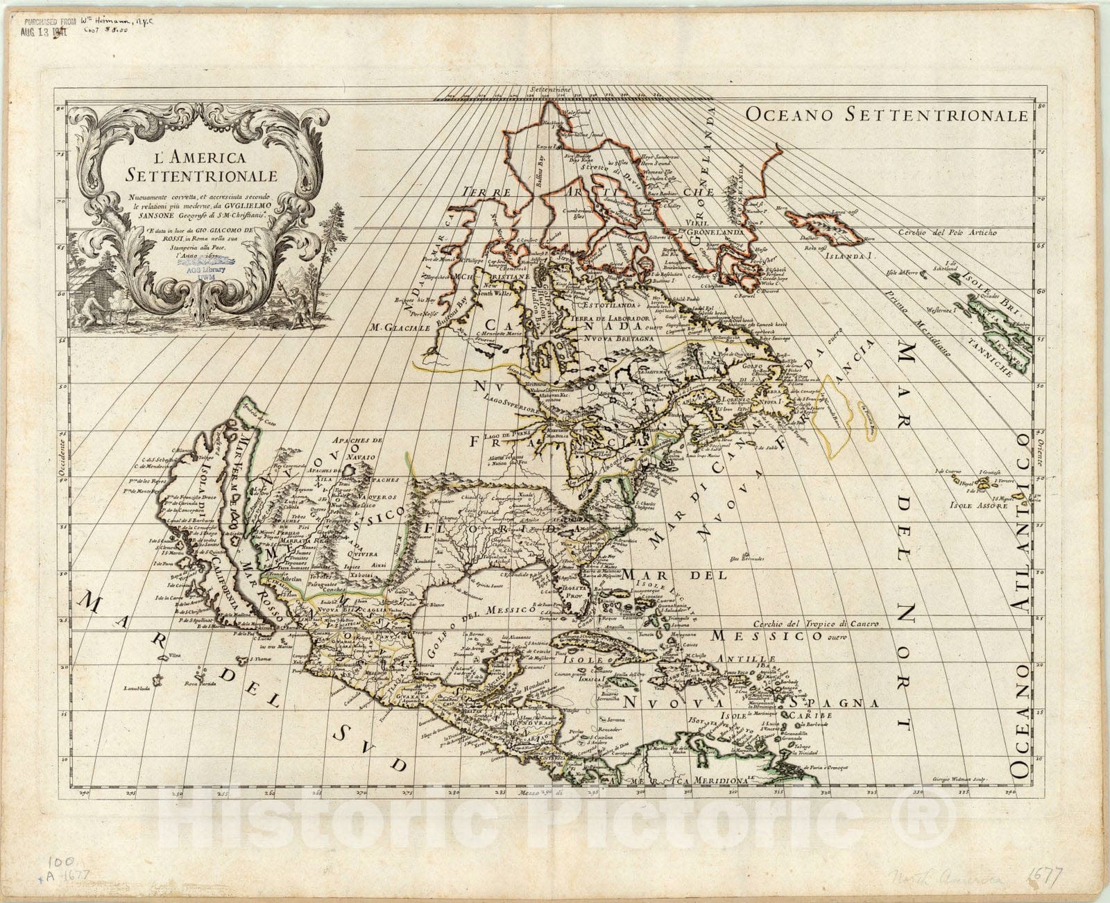 Map : North America 1677, L'America Settentrionale nuovamente corretta, et accresciuta secondo le relationi piu moderne , Antique Vintage Reproduction