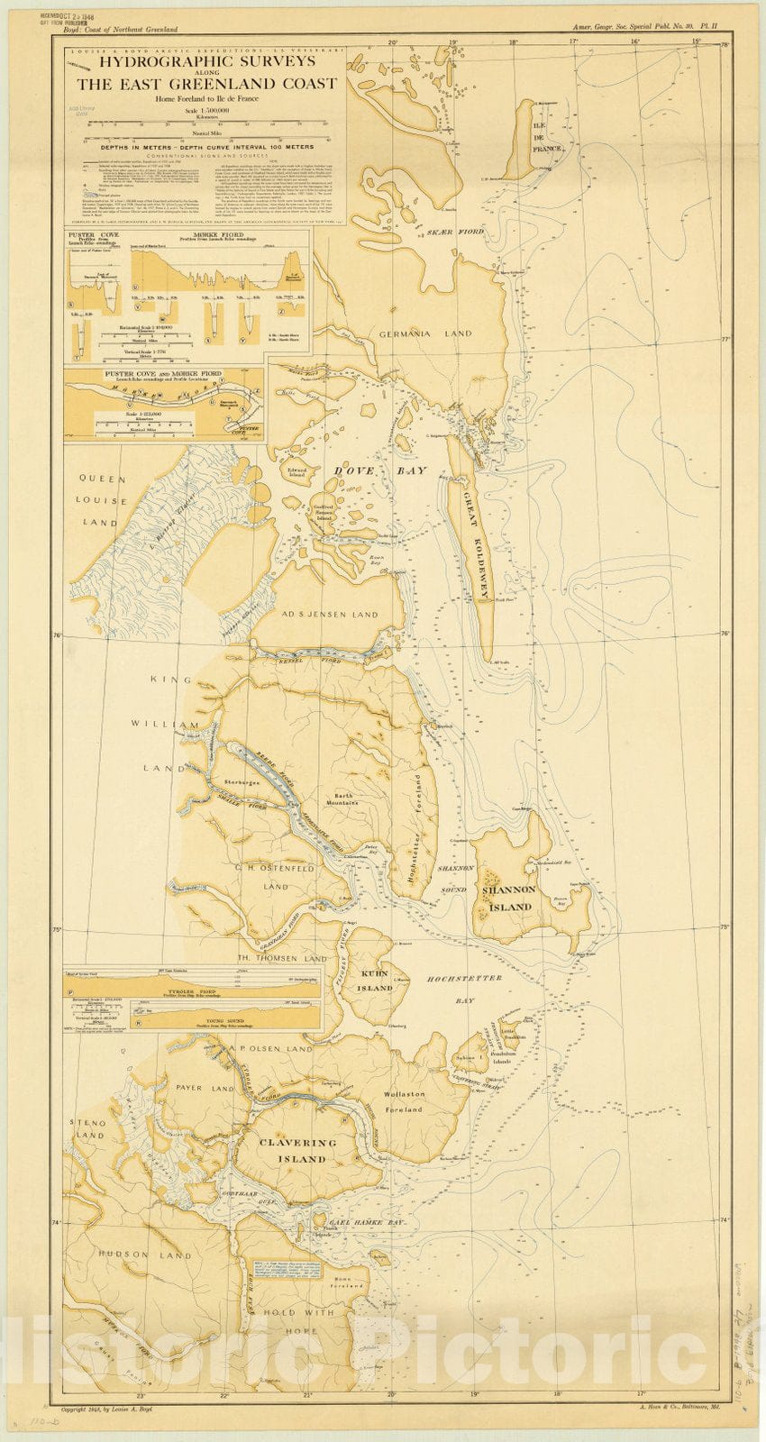 Map : East Greenland 1948, Louise A. Boyd Arctic expeditions - S.S. Veslekari hydrographic surveys along the East Greenland coast : Home Foreland to Ile de France