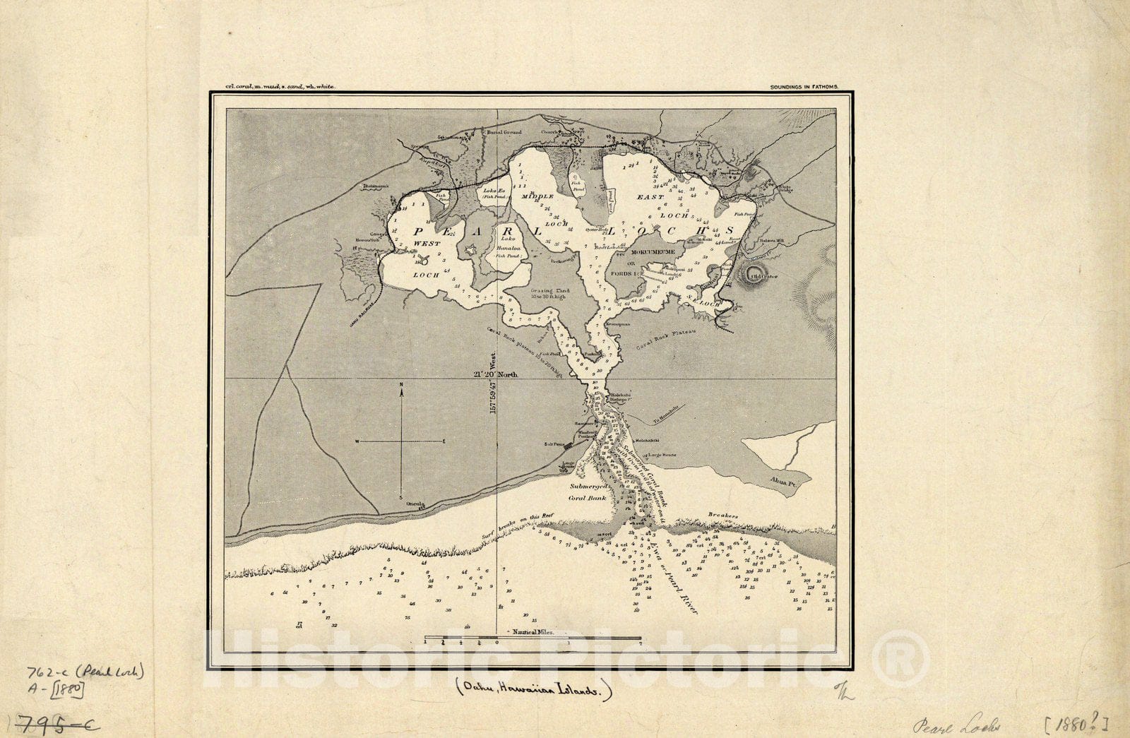 Map : Pearl Harbor (Hawaii) 1880, Pearl Lochs, [Oahu, Hawaiian Islands], Antique Vintage Reproduction