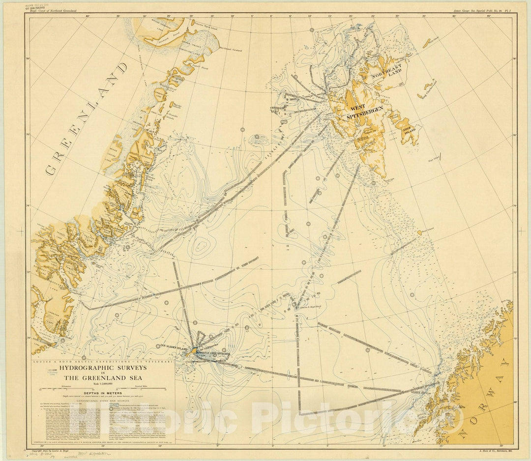 Map : Greenland Sea 1948, Louise A. Boyd Arctic expeditions - S.S. Veslekari hydrographic surveys in the Greenland Sea , Antique Vintage Reproduction