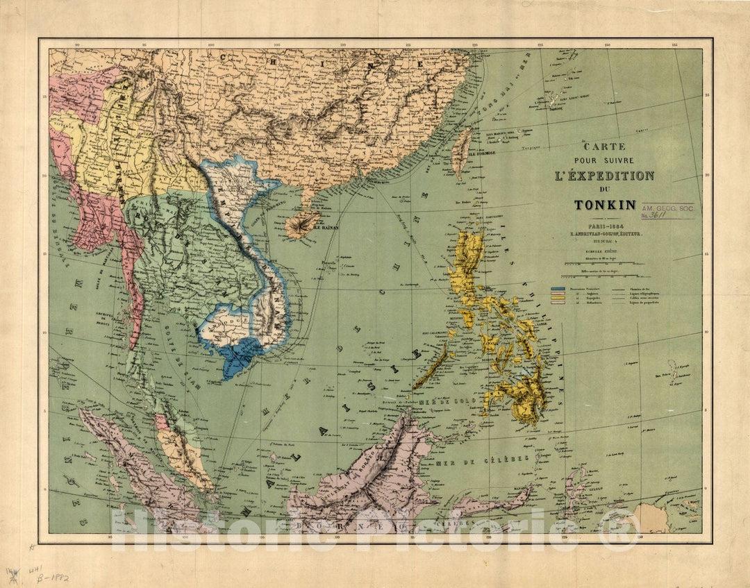 Map : Southeast Asia 1884, Carte pour suivre l'expedition du Tonkin , Antique Vintage Reproduction