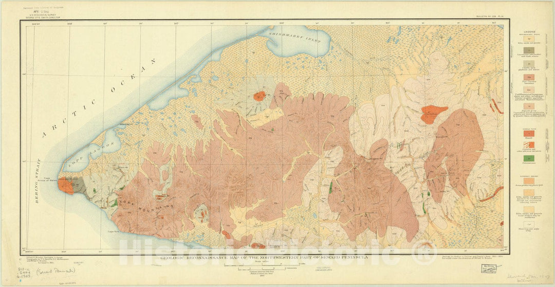 Map : Seward Peninsula 1907, Geologic reconnaissance map of the northwestern part of Seward Peninsula , Antique Vintage Reproduction