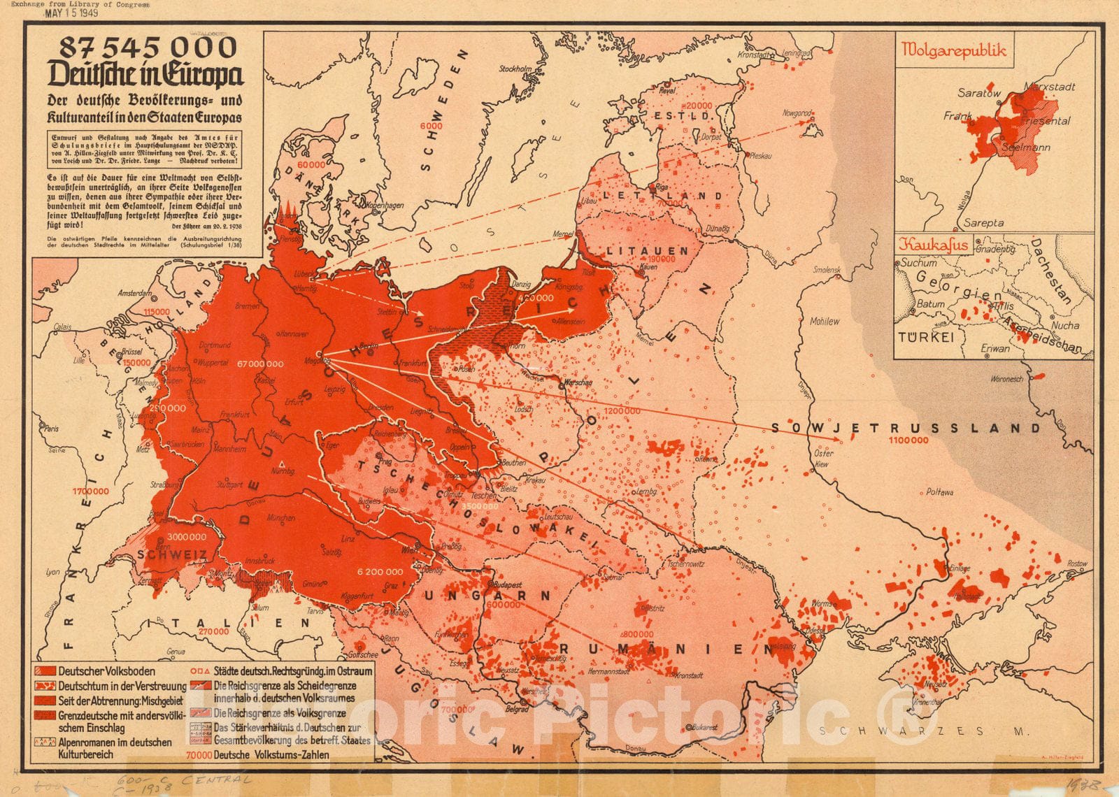 Map : Europe 1938, 87 545 000 Deutsche in Europa : Der deutsche Bevolkerungs- und Kulturanteil in den Staaten Europas , Antique Vintage Reproduction