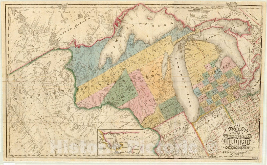 Map : Michigan, Wisconsin and Minnesota 1836, Improved map of the territories of Michigan and Ouisconsin, pronounced Wisconsin 1836 , Antique Vintage Reproduction