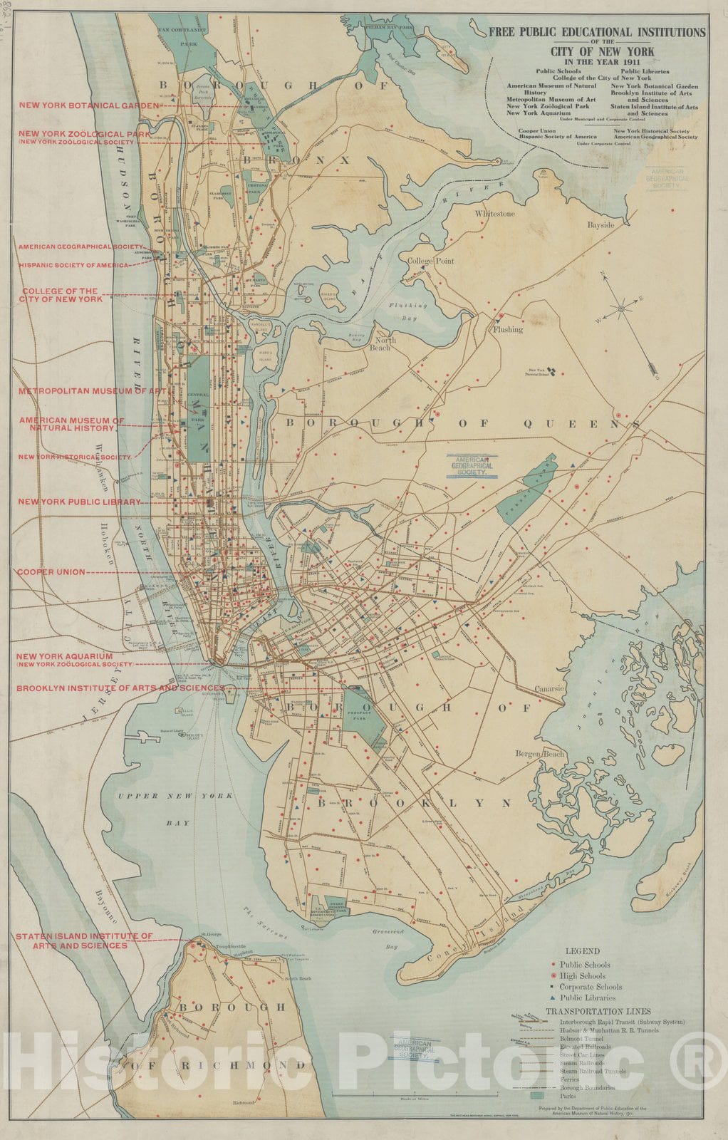 Map : New York (New York) 1911, free public educational institutions, Free public educational institutions of the city of New York in the year 1911