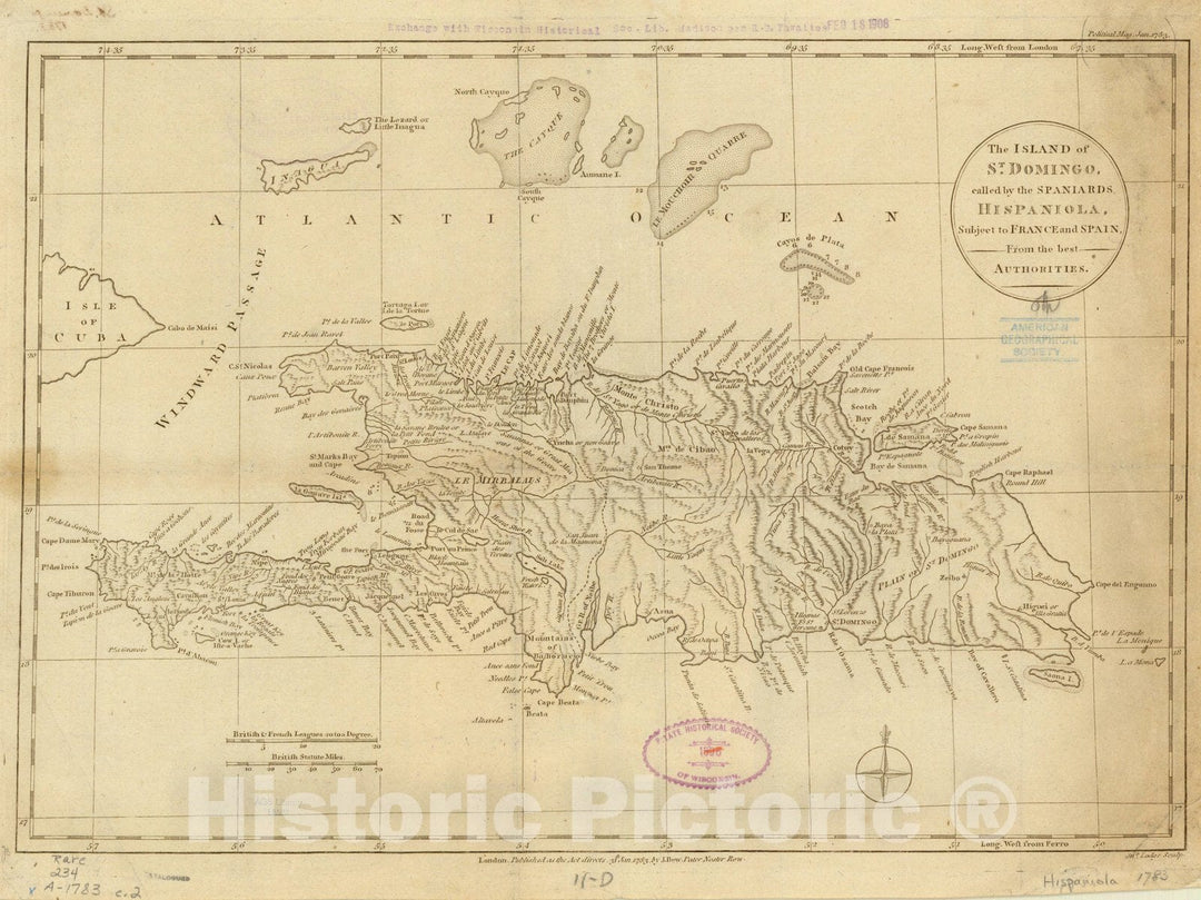 Historic Map : Hispaniola 1783 2, The Island of St. Domingo, called by the Spaniards Hispaniola subject to France and Spain from the best authorities , Antique Vintage Reproduction