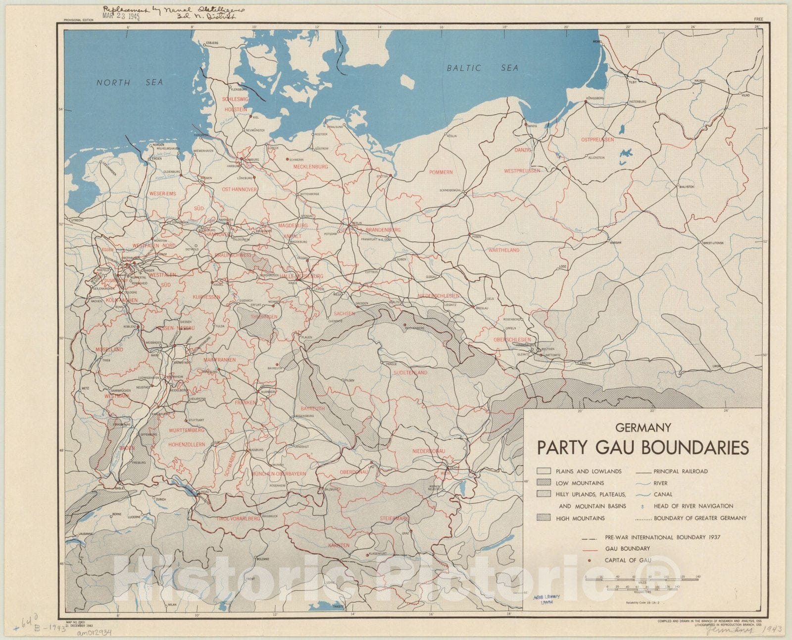 Map : Germany 1943, Germany, party Gau boundaries , Antique Vintage Reproduction