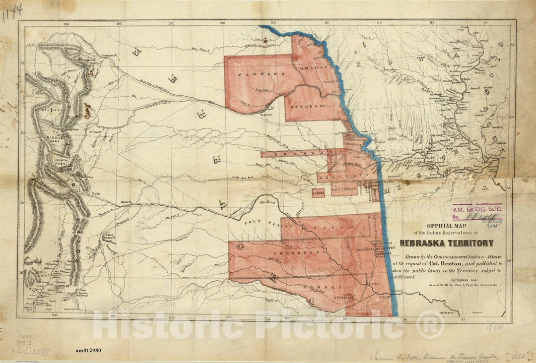 Map : Nebraska Territory 1854, Official map of the Indian Reservations in Nebraska Territory , Antique Vintage Reproduction