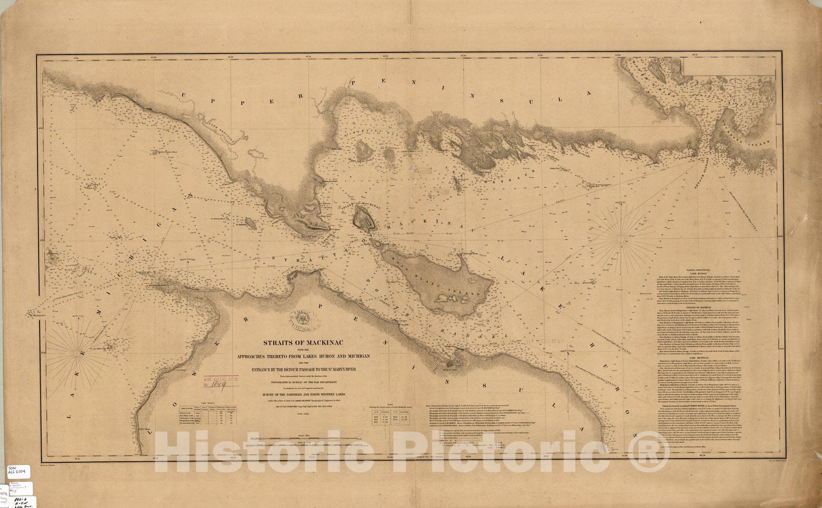 Map : Lake Survey Charts, Straits of Mackinac with the approaches thereto from Lakes Huron and Michigan and the entrance by the detour passage to the St. Mary's River