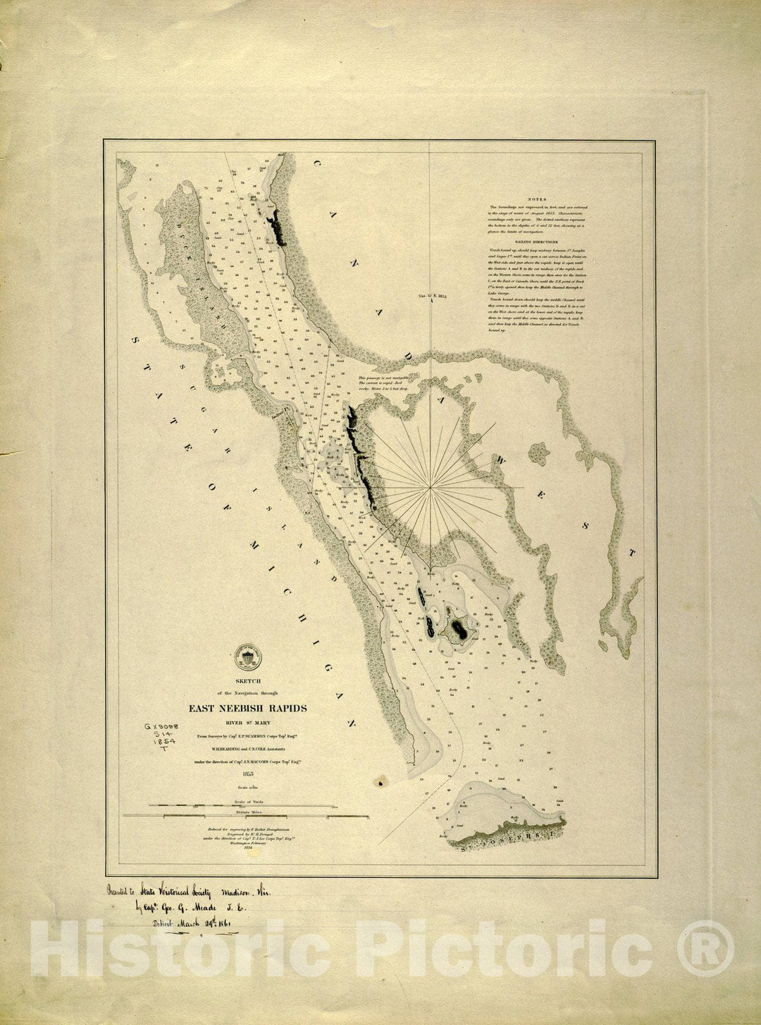 Map : Lake Survey Charts, Sketch of the navigation through East Neebish Rapids, River St. Mary, Antique Vintage Reproduction