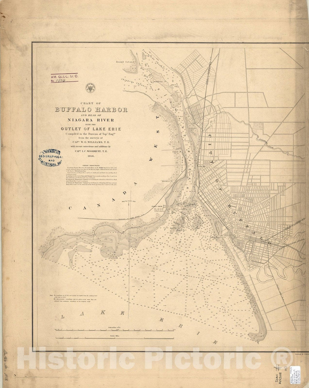 Map : Buffalo Harbor, New York 1857, Chart of Buffalo Harbor and head of Niagara River with the outlet of Lake Erie, Antique Vintage Reproduction