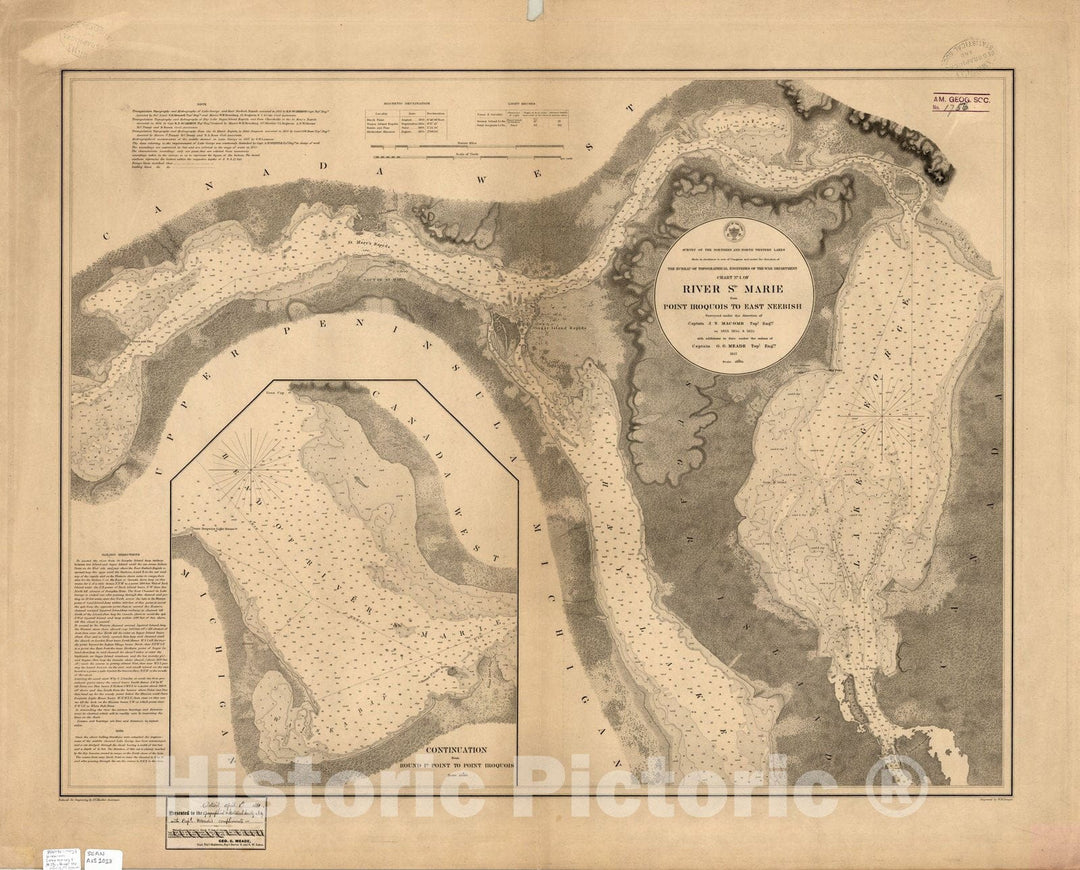 Map : Lake Survey Charts, Chart no. 1 of River Ste. Marie from Point Iroquois to East Neebish, Antique Vintage Reproduction