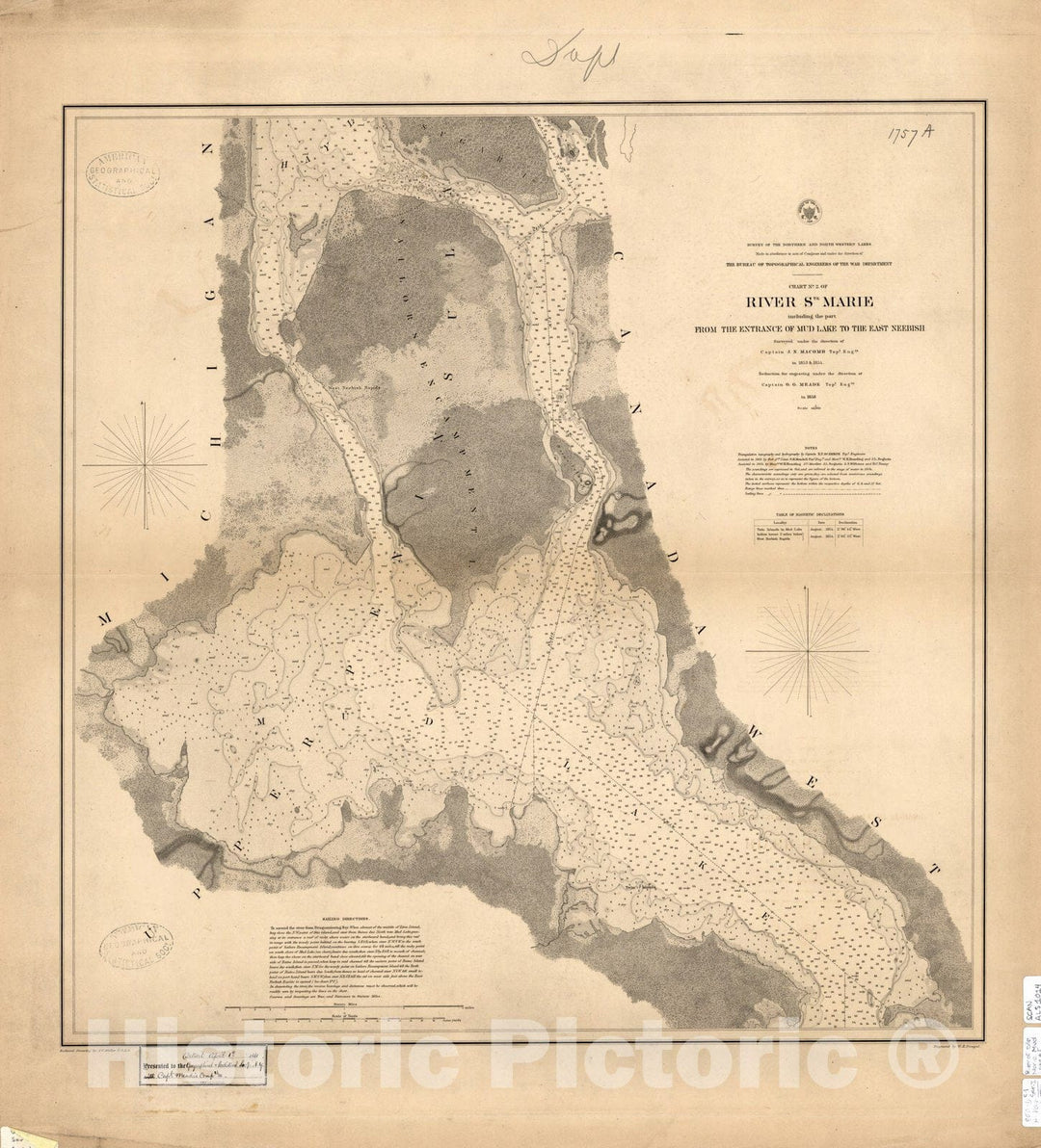 Map : Lake Survey Charts, Chart no. 2 of River Ste. Marie including the part from the entrance of Mud Lake to the East Neebish, Antique Vintage Reproduction