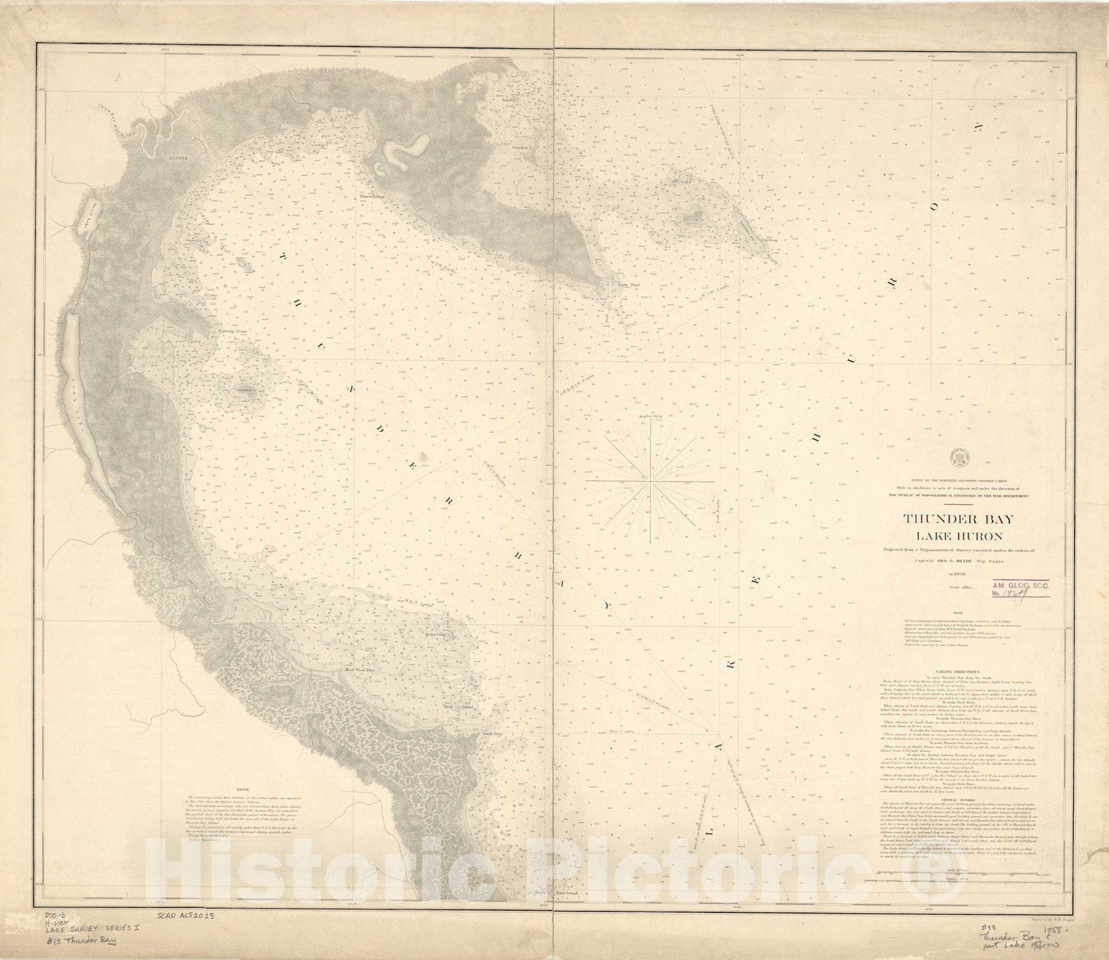 Map : Lake Survey Charts, Thunder Bay, Lake Huron, Antique Vintage Reproduction